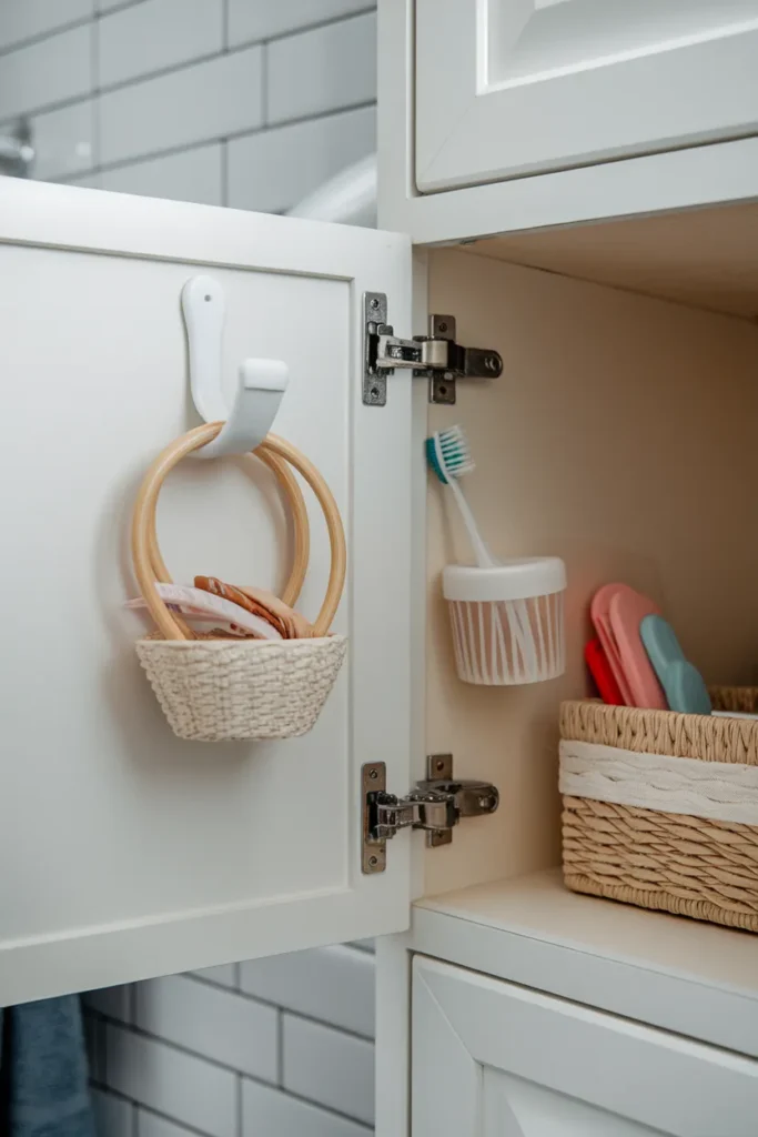 Command Hooks and a caddy on a cabinet door for damage-free bathroom vanity organization