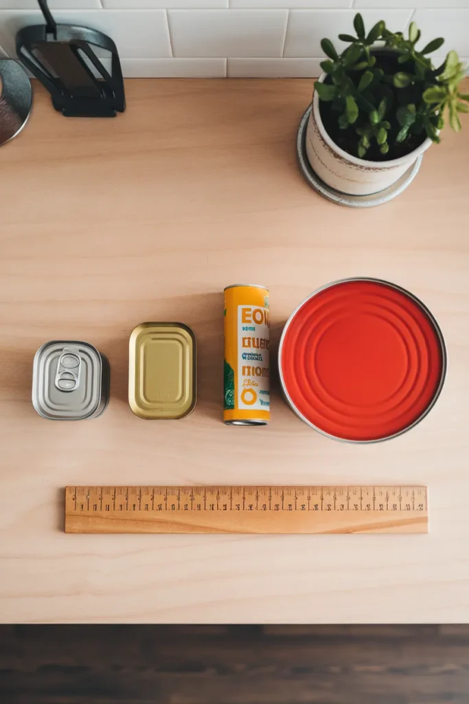 Common can sizes lined up smallest to largest for pantry can organization planning