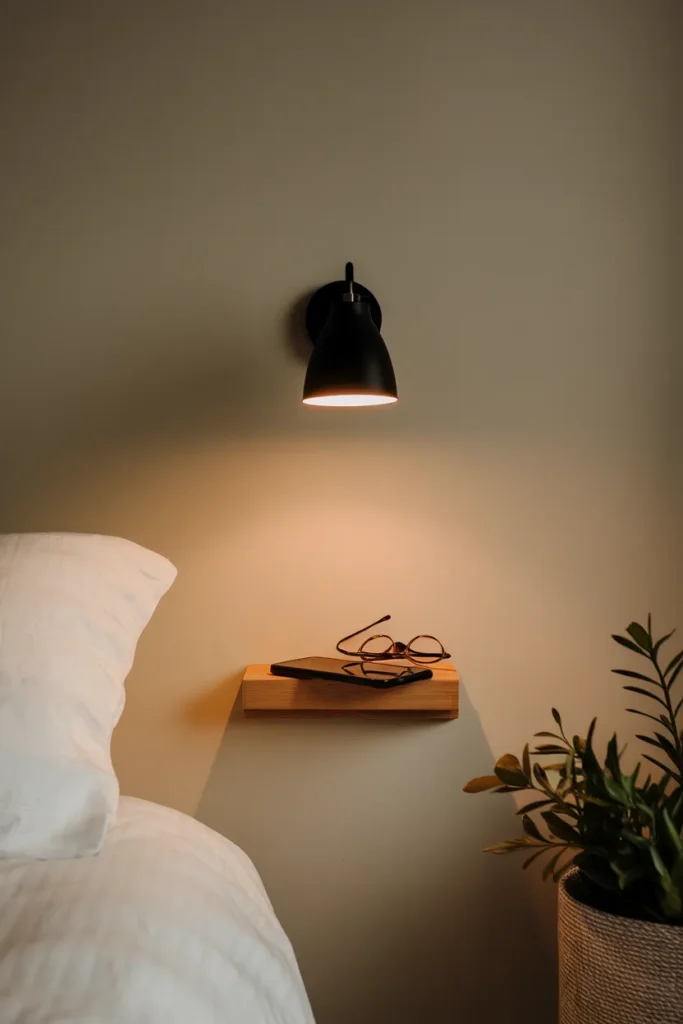 Cord-free wall sconce with a micro shelf as a space-saving bedside setup