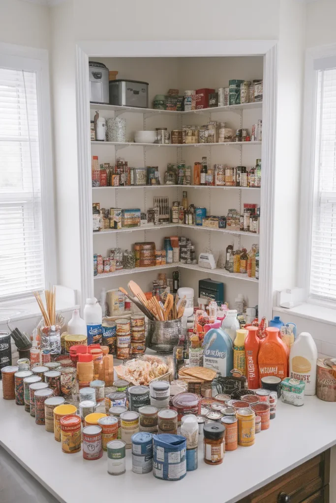 Corner pantry emptied and items sorted into categories on a kitchen table