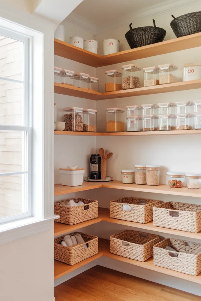 Corner pantry organization with wood shelves, clear bins, and labeled jars in bright light