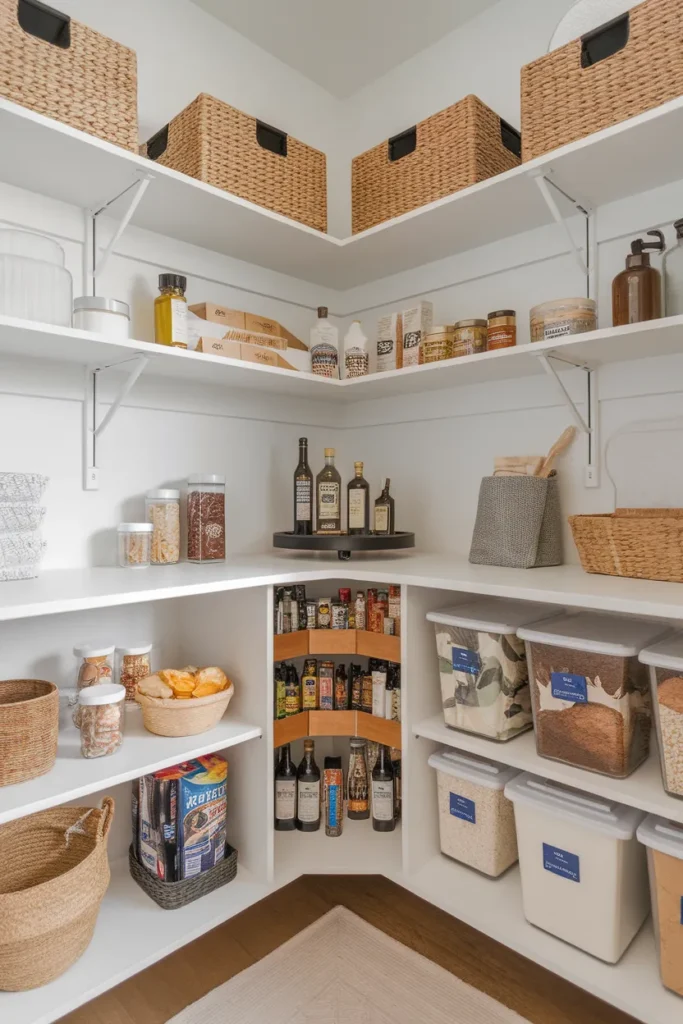 Corner pantry organization zones from daily reach shelf to heavy bottom shelf
