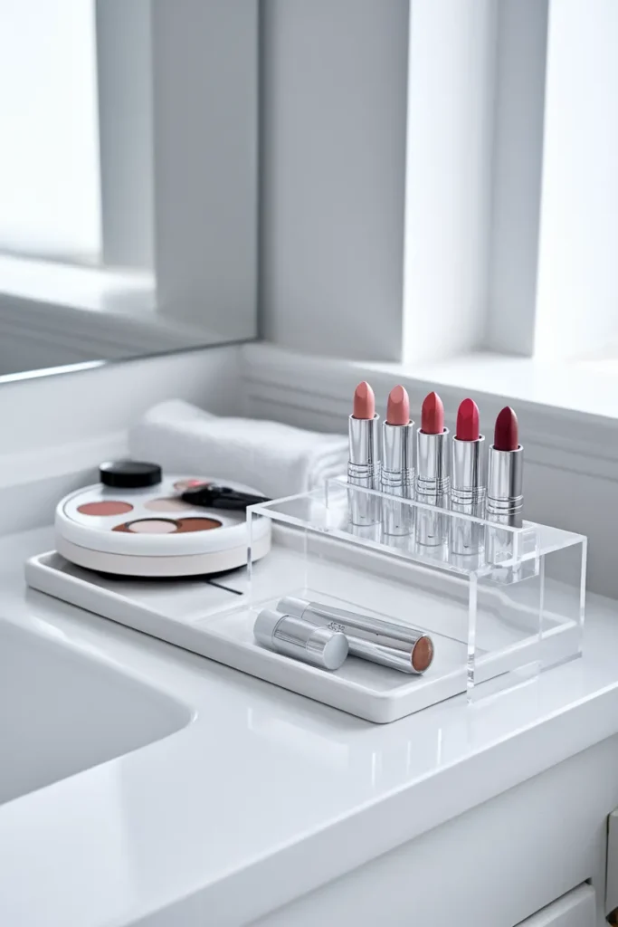 Countertop bathroom makeup organization with a clear acrylic riser and turntable