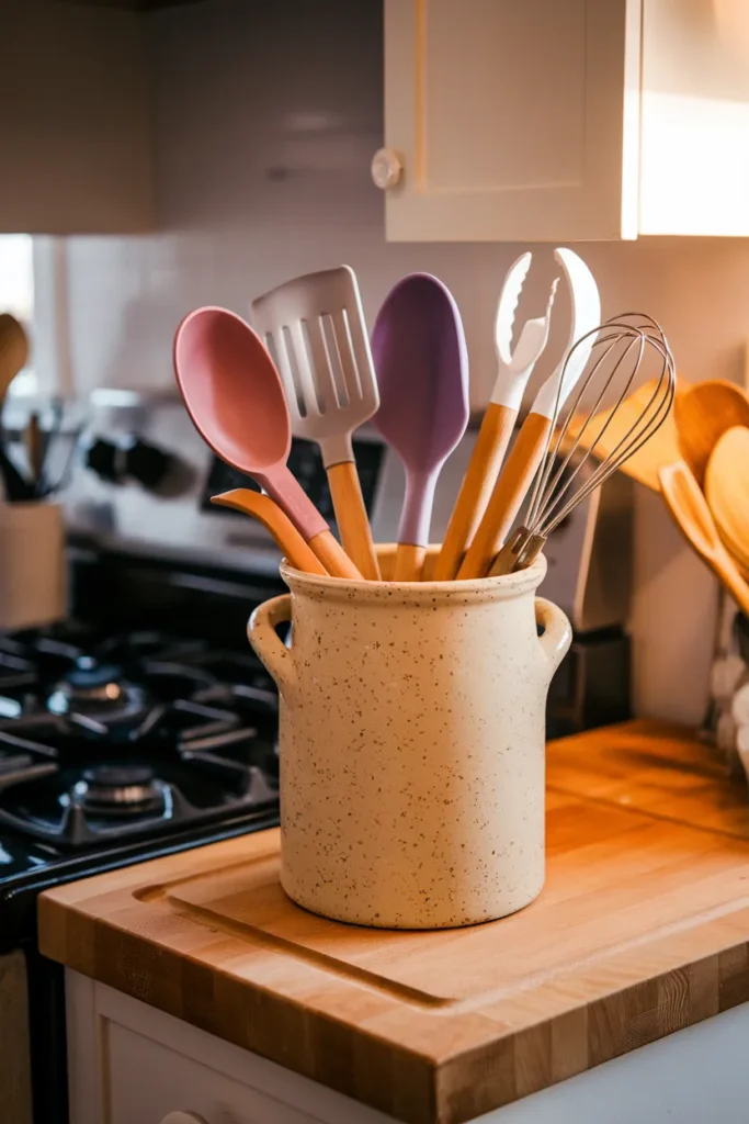 Countertop utensil storage crock placed a safe 12 inches from the stove in a warm kitchen