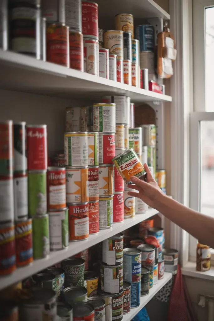 Crowded pantry shelf before can organization, with stacked cans leaning and one starting to slide