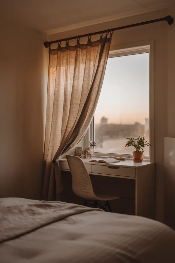 Curtain hiding a small bedroom office corner to separate work and sleep