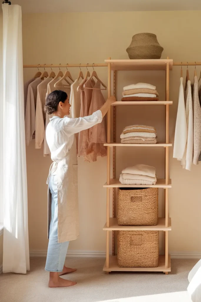 DIY closet organization system with oak rod, pine tower, and labeled seagrass bins