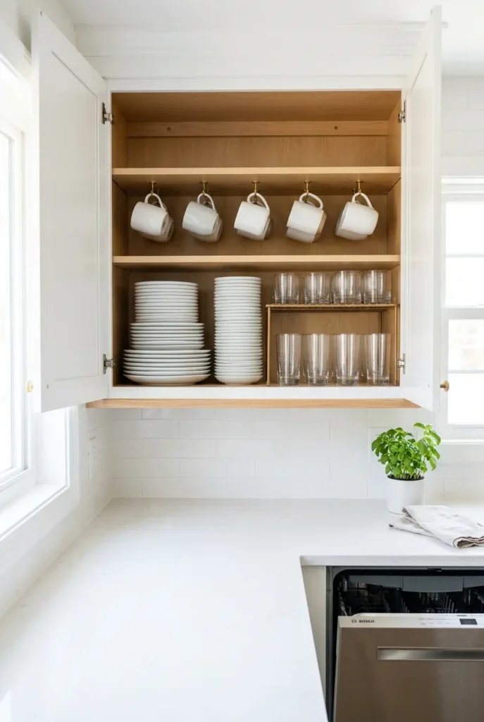 Daily grab zone upper cabinet with stacked plates glasses and mugs near dishwasher