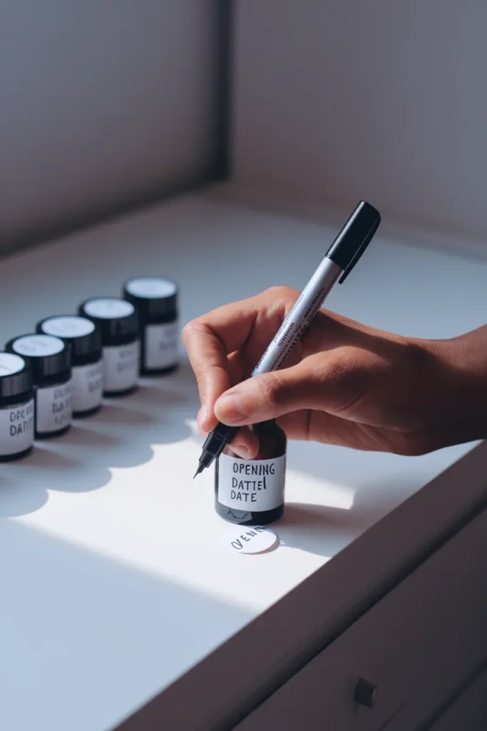 Dating skincare bottles to track shelf life for bathroom skincare organization