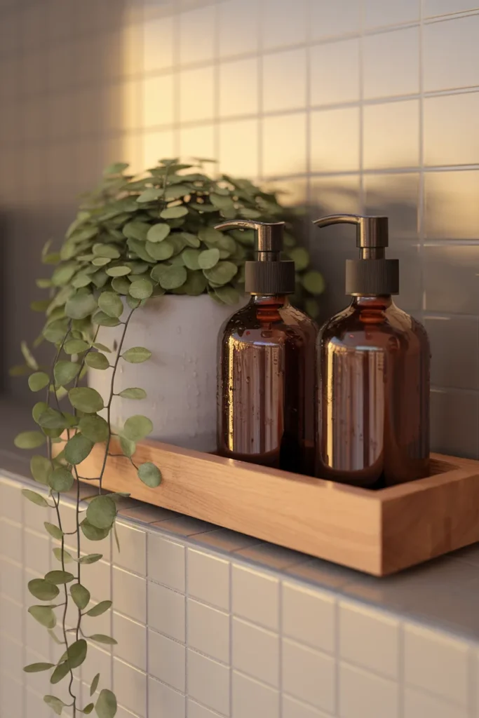 Decanted amber bottles on a tray styling bathroom shelf organization with greenery