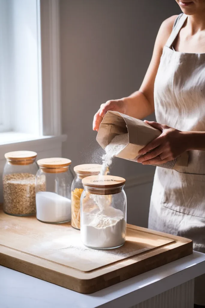 Decanting dry goods into clear jars for IKEA pantry organization