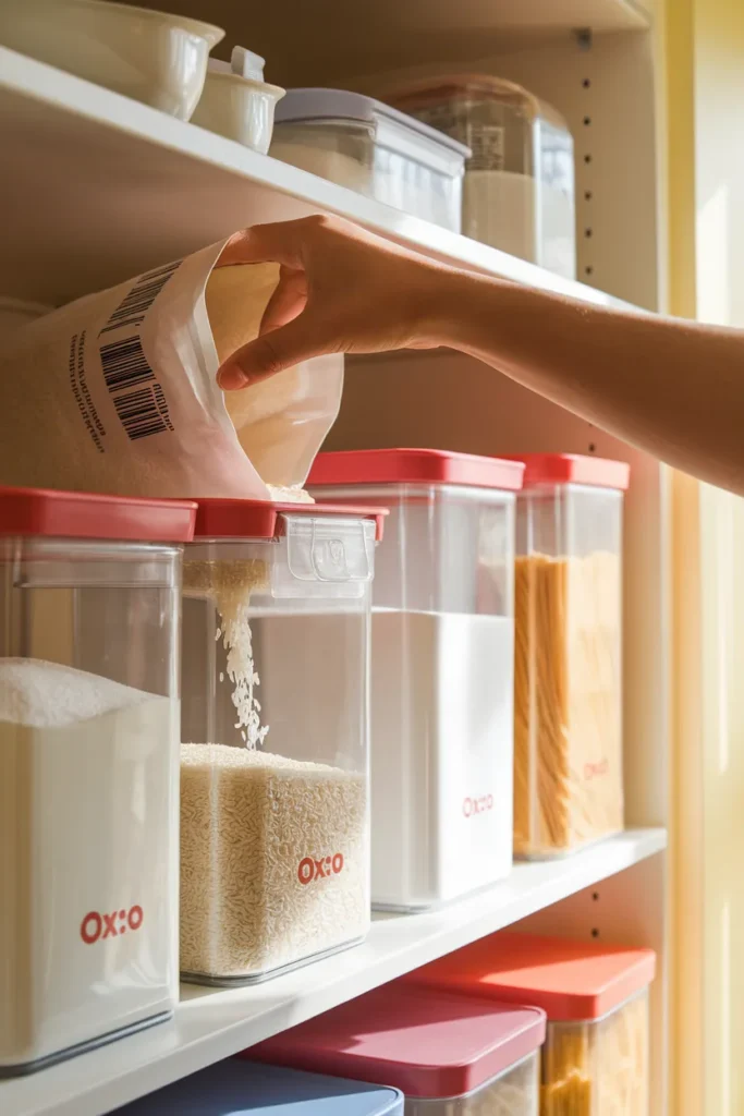 Decanting dry goods into clear labeled containers for corner pantry organization