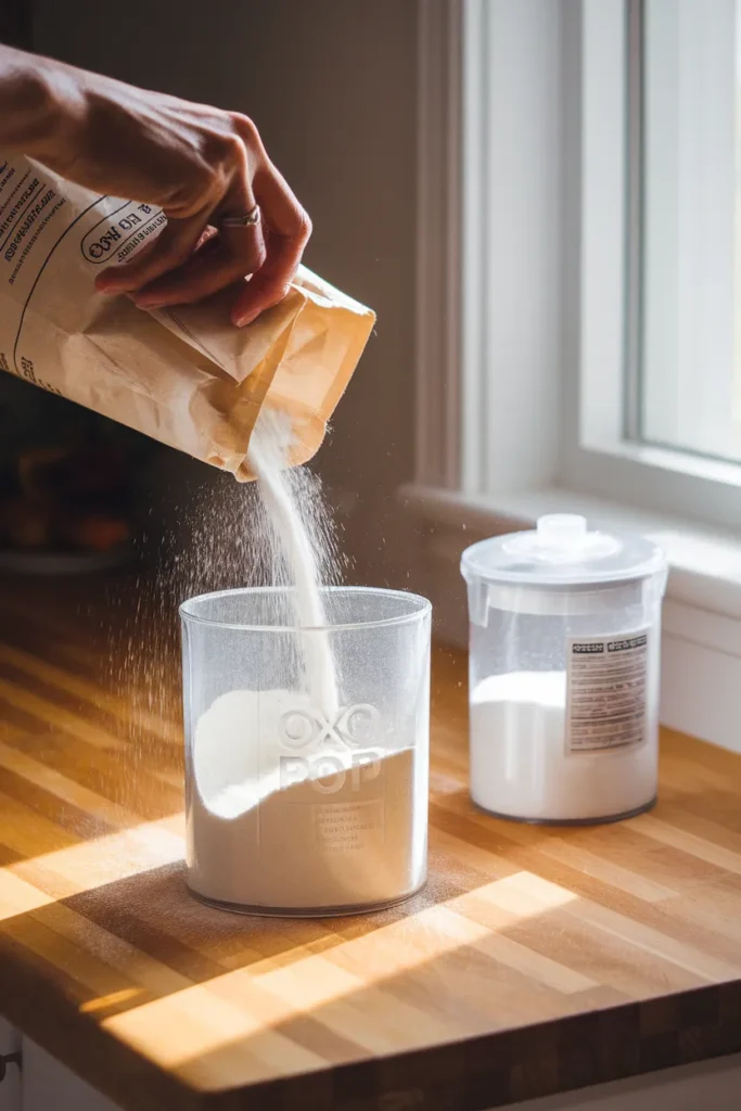 Decanting flour into a clear OXO POP canister for an aesthetic pantry