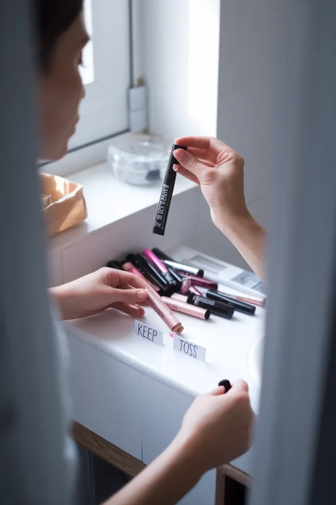 Decluttering and checking expired makeup before organizing a bathroom vanity
