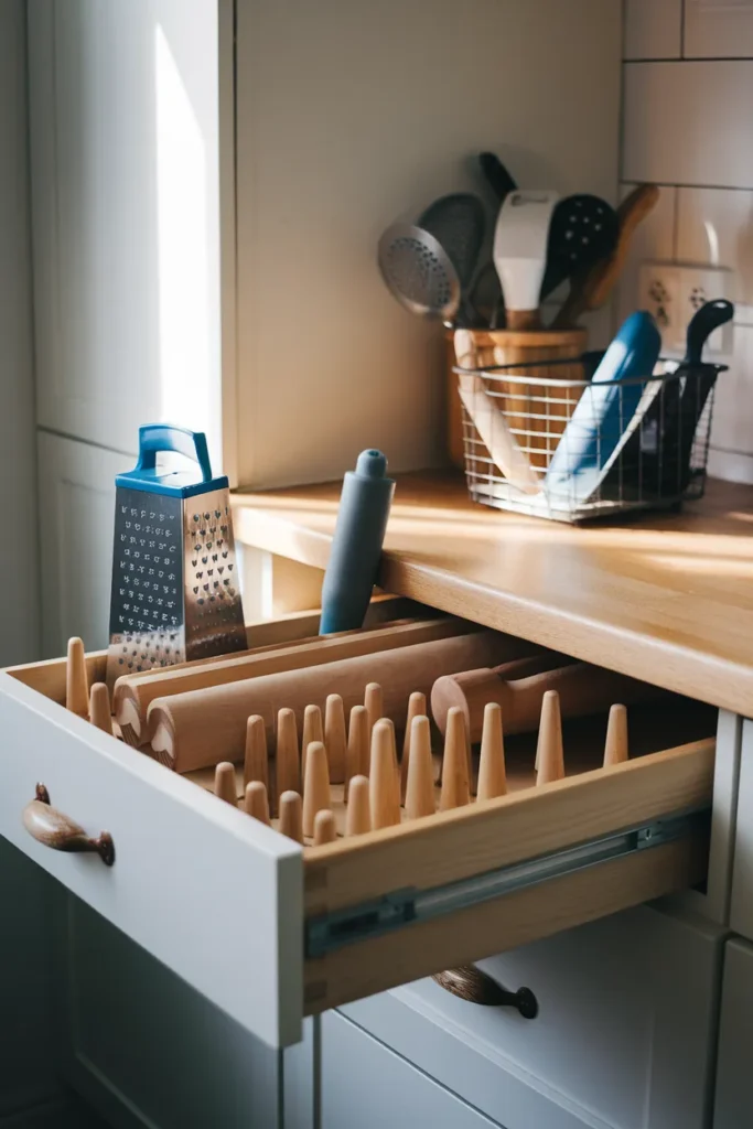 Deep drawer kitchen utensil organization with adjustable pegs holding big tools upright