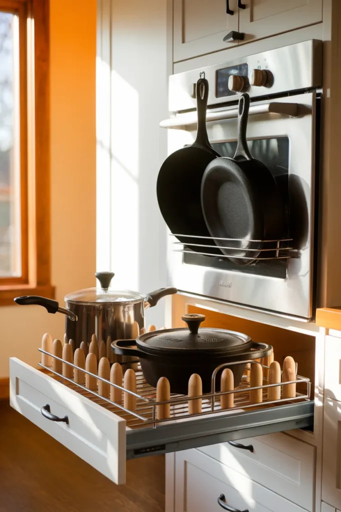 Deep drawer organization for pots and pans with peg dividers and an upright lid rack