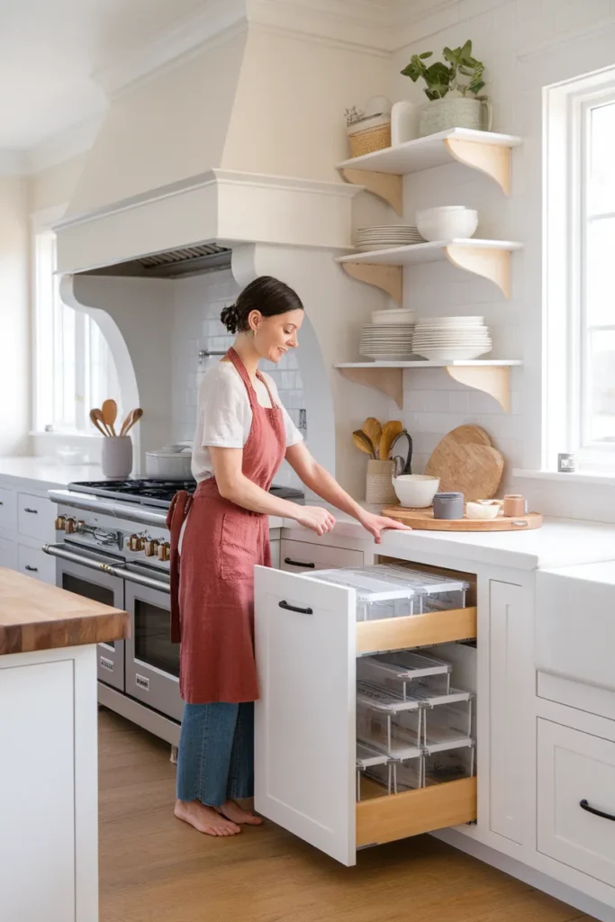 Deep kitchen drawer organization hero zoned pots, plates, and labeled bins in an open deep drawer