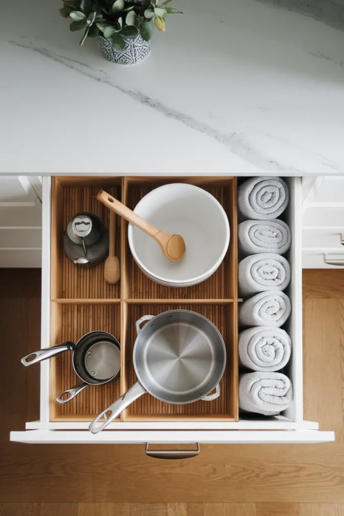 Deep kitchen drawer organization with bamboo dividers creating three zones, overhead view