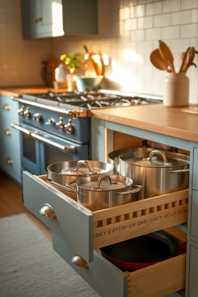 Deep kitchen drawer organization with nested pots and lids filed upright between wooden pegs