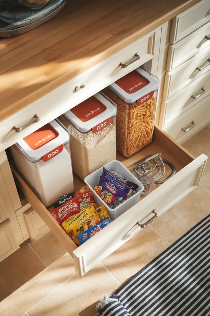 Deep kitchen drawer pantry with labeled airtight OXO canisters and a snack bin