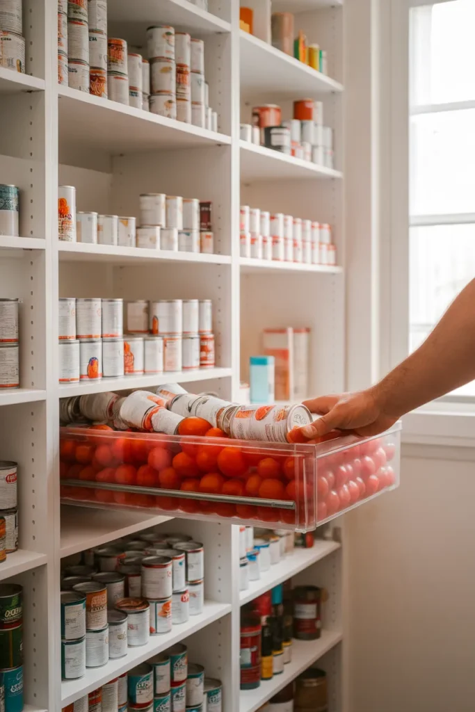 Deep pantry can storage with a clear bin sliding out like a drawer from an 18 inch shelf