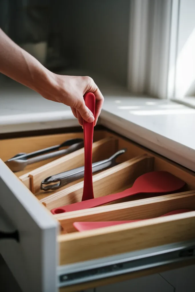 Diagonal drawer insert for kitchen utensil organization with long tools angled corner to corner