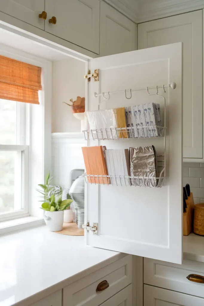 Dollar tree kitchen organization cabinet door rack holding wrap and parchment boxes