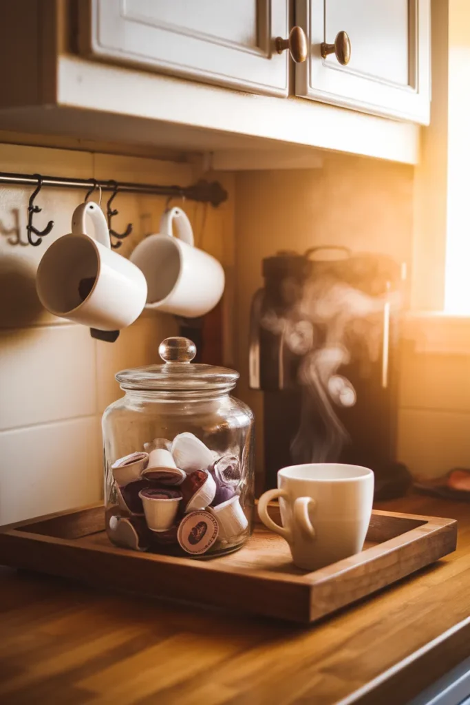 Dollar tree kitchen organization coffee station with pod jar and mug hooks