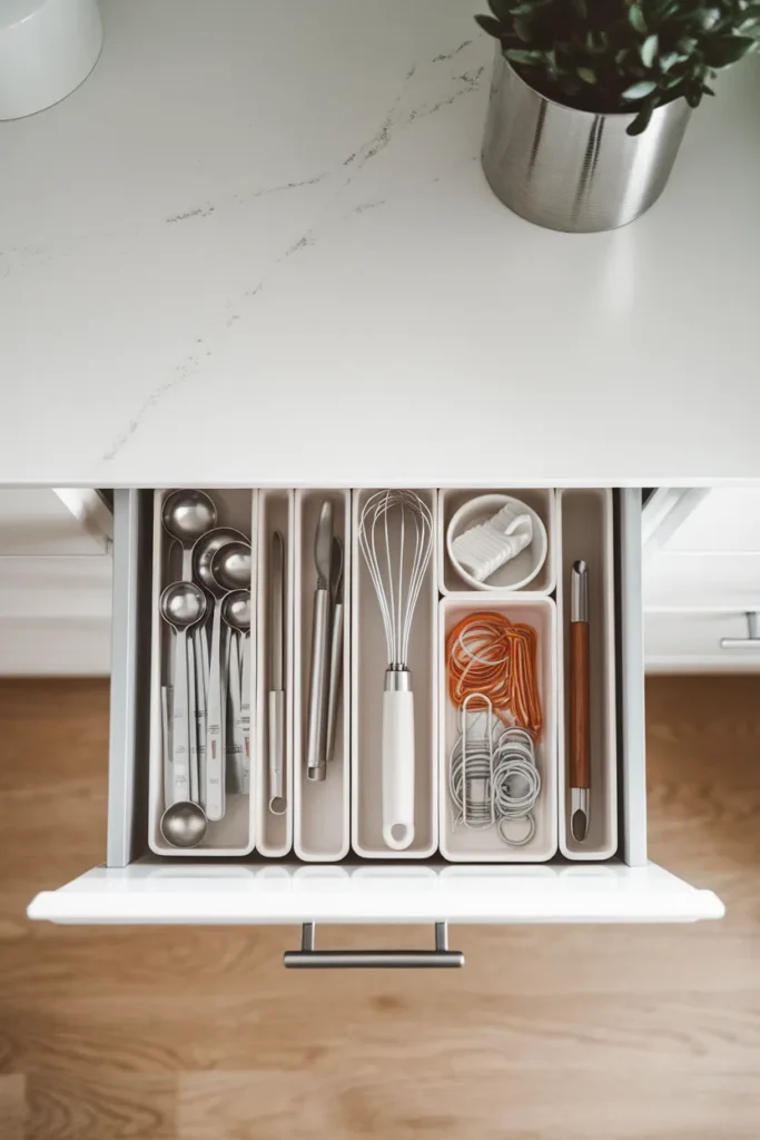 Dollar tree kitchen organization drawer dividers sorting utensils, overhead view