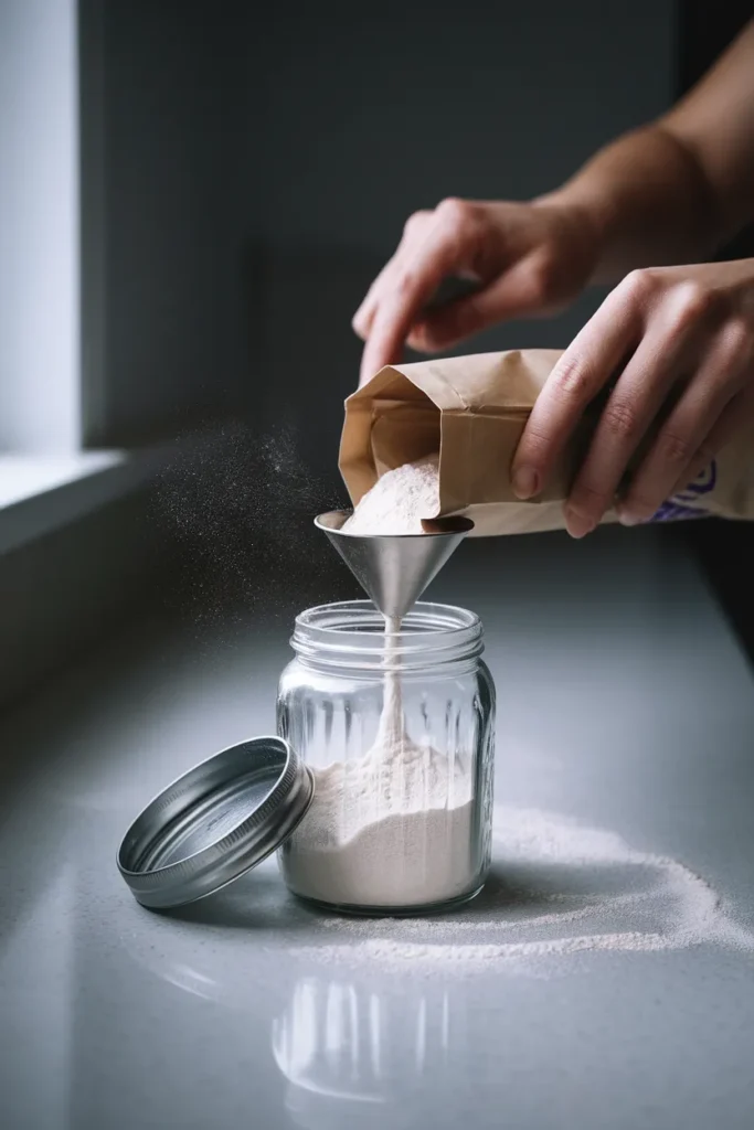 Dollar tree kitchen organization glass jar decanting flour on a sunlit counter