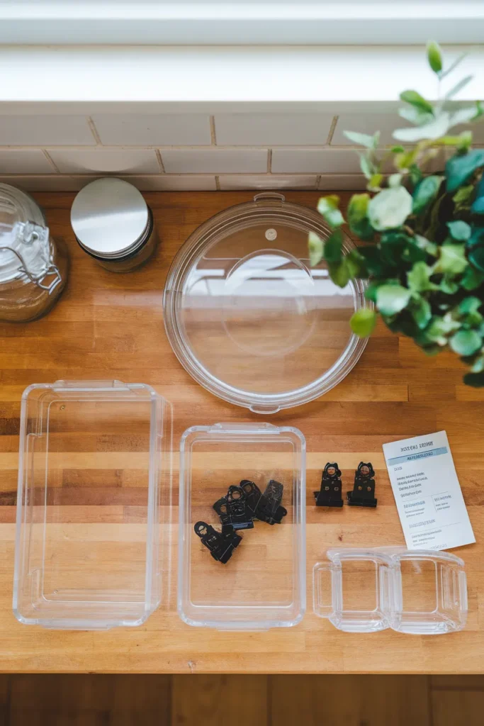 Dollar tree kitchen organization haul flat lay with bins, jars, lazy Susan, and clip labels