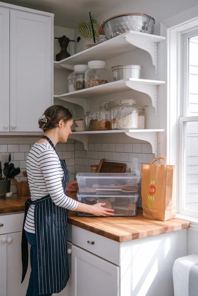 Dollar tree kitchen organization makeover with labeled bins and glass jars in a bright pantry