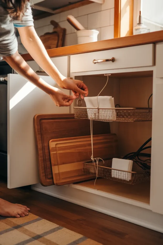 Dollar tree kitchen organization napkin holder rack being zip tied inside a cabinet