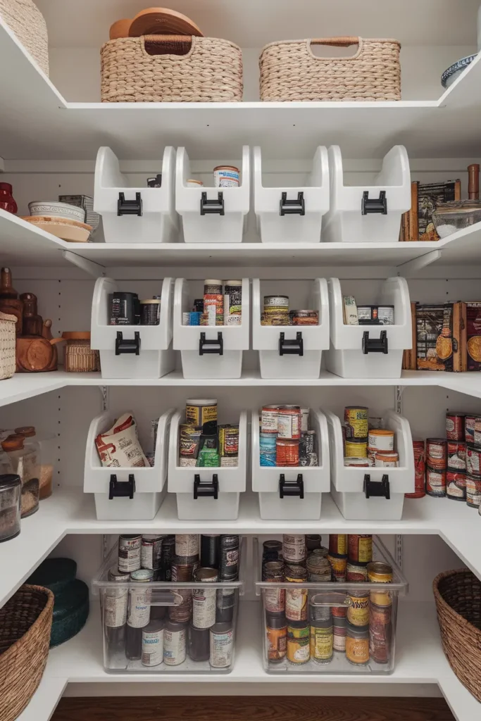 Dollar tree kitchen organization pantry shelves with matching labeled bins and neat can rows