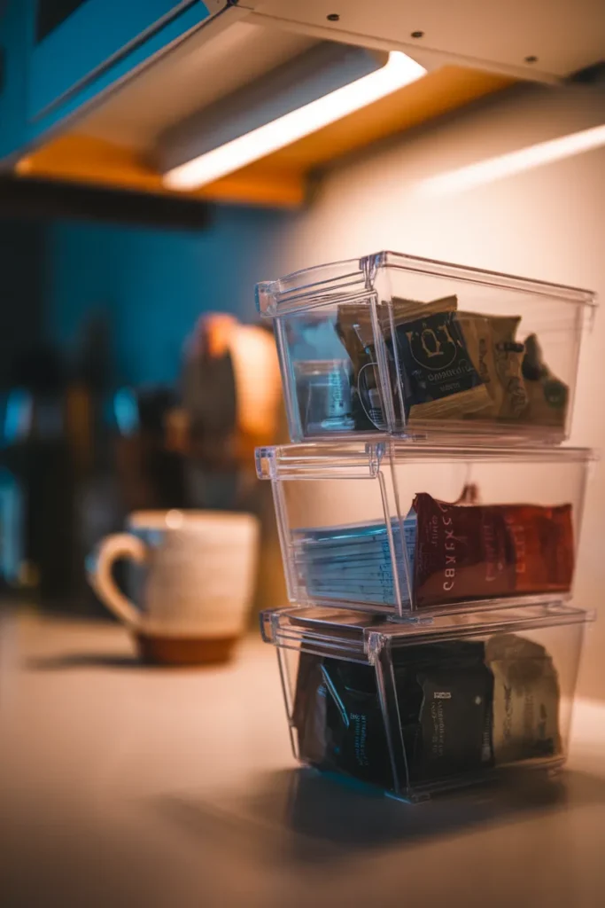 Dollar tree kitchen organization tilt bin tower storing tea and drink packets