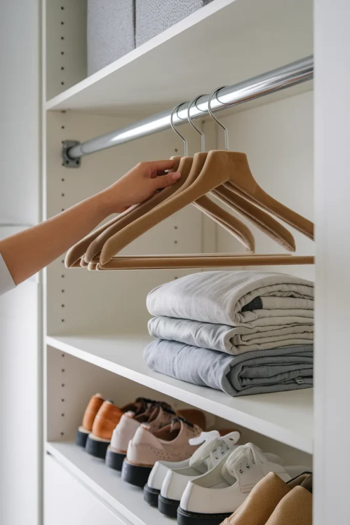 Double closet rod setup with slim velvet hangers doubling hanging space