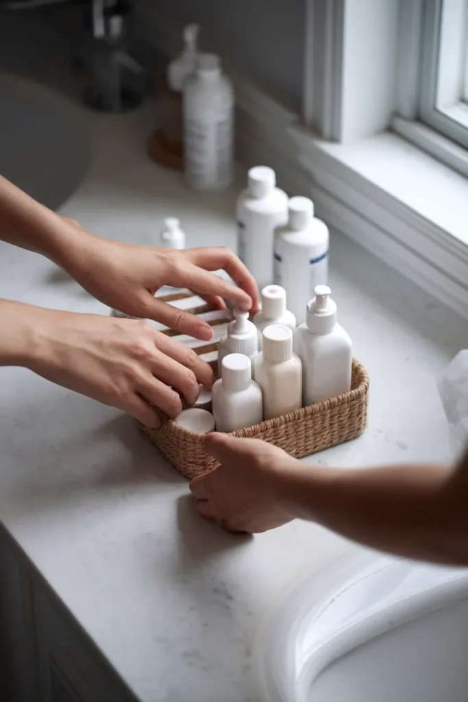 Editing bathroom products before shelf organization, sorting keepers into a tray