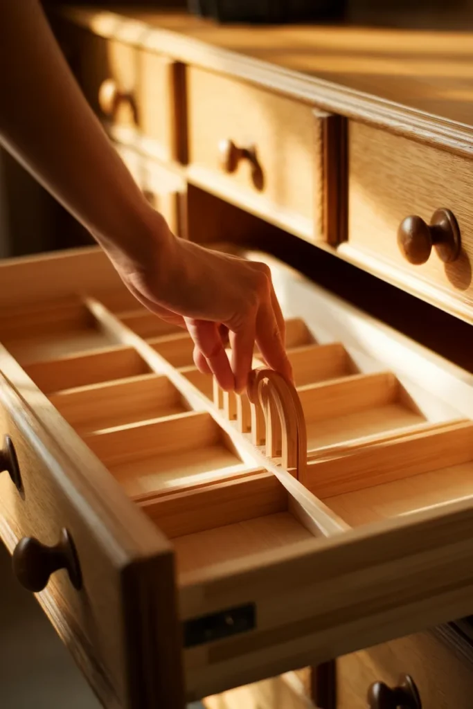 Expandable bamboo divider used for deep kitchen drawer organization zones