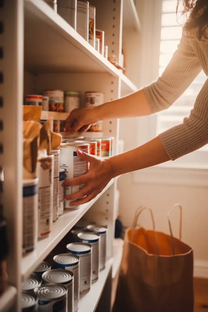 FIFO can rotation in action, placing new cans behind older ones during a pantry restock