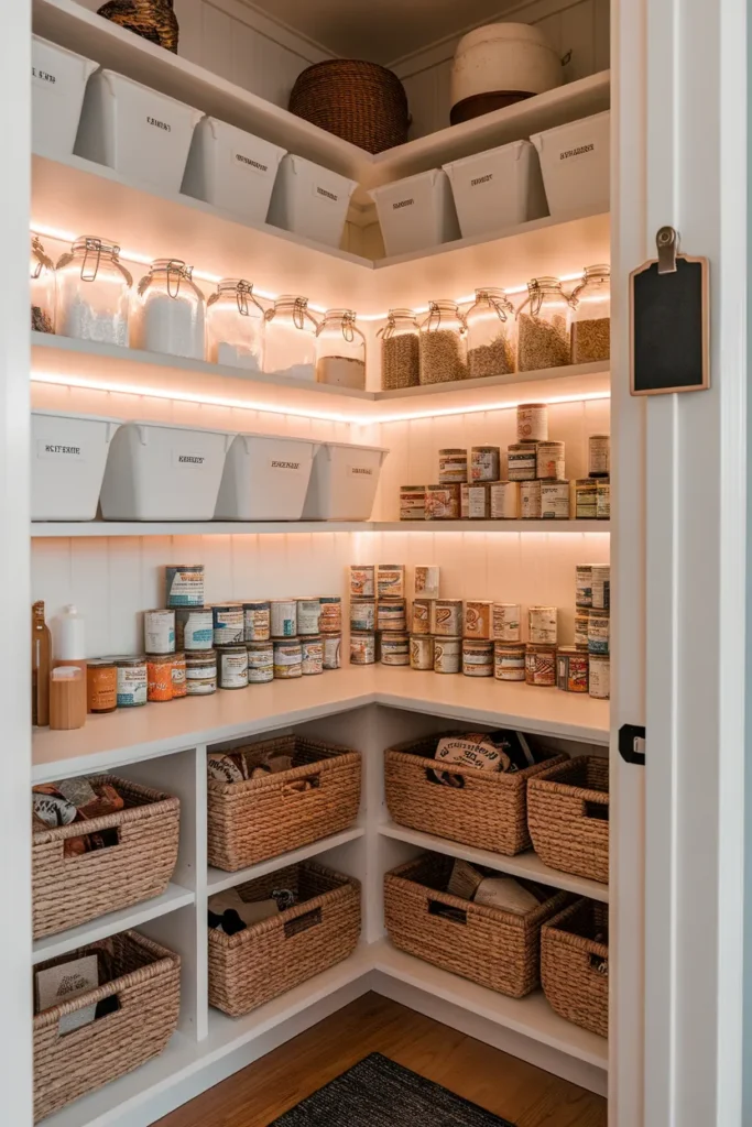 Finished IKEA pantry organization with jars, bins, and baskets at golden hour