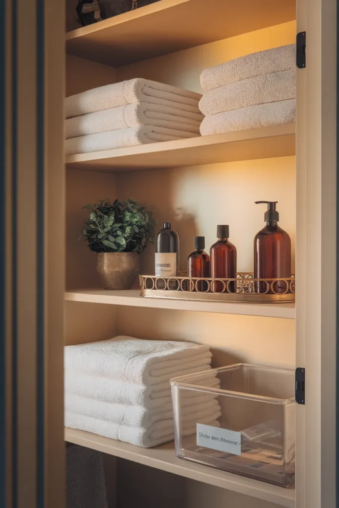 Finished bathroom shelf organization after a two-minute reset, tidy and styled