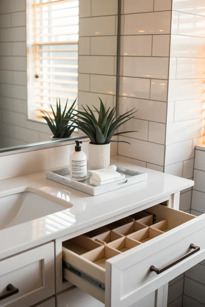 Finished bathroom vanity organization with a clear counter and one styling tray