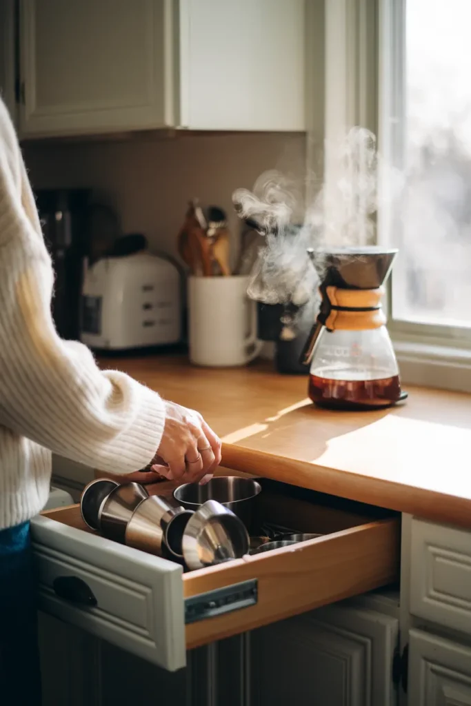Five minute weekly reset keeping kitchen utensil organization tidy while morning coffee brews