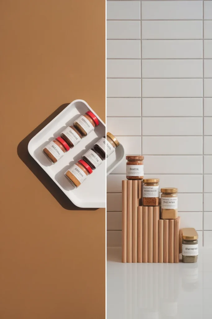 Flat angled spice tray next to a vertical tiered spice riser comparison