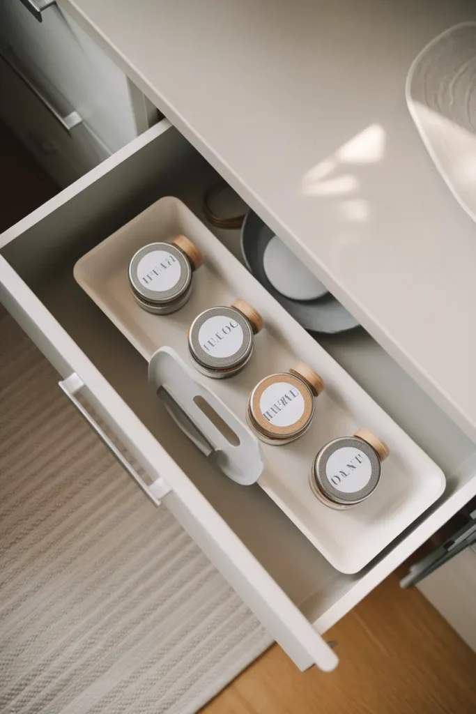Flat spice drawer organizer with top-labeled jars in a shallow drawer