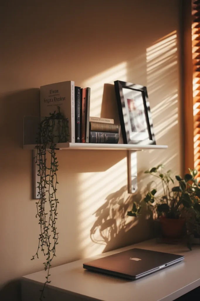 Floating shelf above a small bedroom office desk for vertical storage