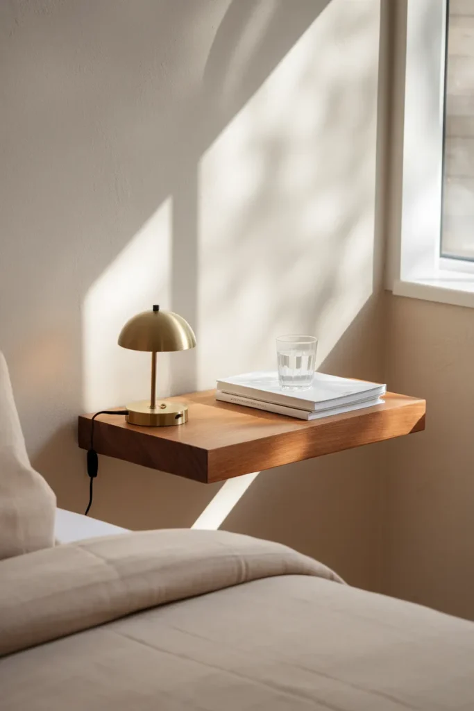 Floating wall shelf used as a bedside table in a small bedroom