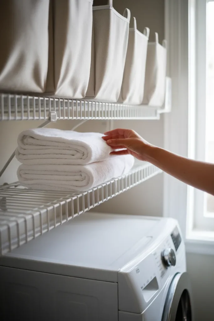 Folded towel on a white wire shelf mounted above the washer and dryer