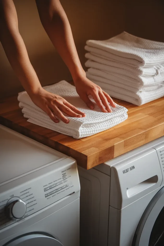 Folding laundry on a butcher-block counter over a front-load washer and dryer