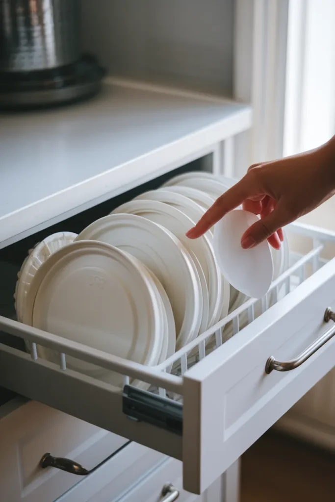 Food container lids stored upright in a bin sorted by size for easy grabbing